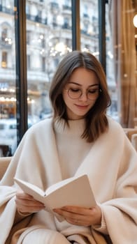 A young woman enjoys a book in a cozy cafe, surrounded by city lights and a warm atmosphere.
