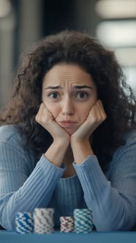 A worried woman sits at a casino table, surrounded by poker chips, expressing anxiety and stress.