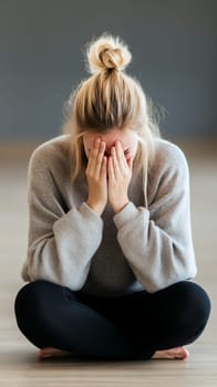 A woman sits cross legged, covering her face with her hands, conveying a moment of reflection and emotion.