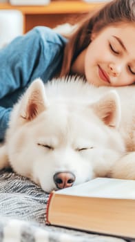 A young girl sleeps peacefully with a fluffy dog by her side, embodying comfort and companionship.