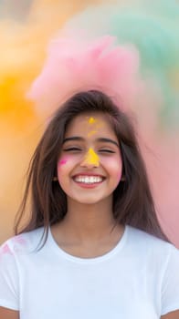 A joyous woman celebrates with vibrant colored powder against a bright background, embodying festivity.