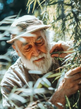 An elderly man with a gentle smile explores the lush greenery, surrounded by vibrant foliage and sunlight.