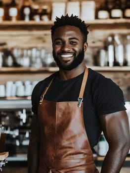 A friendly barista in a brown apron smiles warmly behind the counter of a cozy coffee shop.