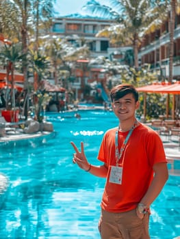 A cheerful young man in an orange shirt poses with a peace sign by a sunny poolside resort.