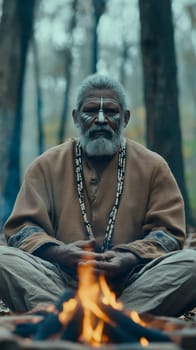 An elderly man with tribal face paint sits by a campfire in the forest, embodying wisdom and tradition.