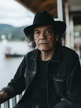 A thoughtful man in a black hat gazes into the distance, sitting on a porch with a serene backdrop.