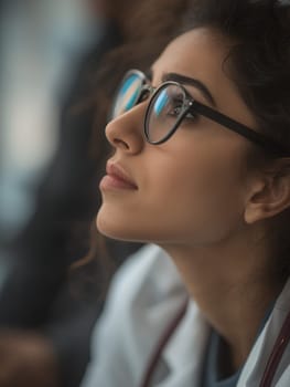 A thoughtful doctor wearing glasses looks upward with focus and determination, embodying dedication.