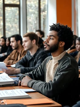 A focused student attentively listens during a lecture in a bright classroom with large windows.
