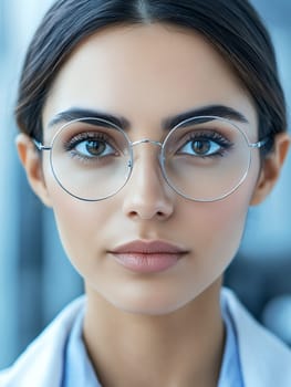 A close up portrait of a thoughtful woman in glasses, reflecting intelligence and focus in a modern setting.