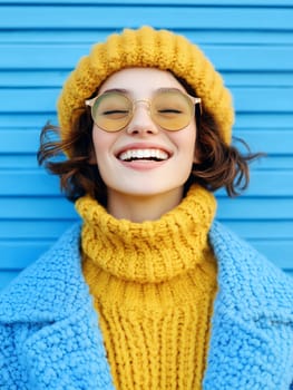 A happy woman in vibrant yellow and blue knitwear, radiating joy and positivity against a colorful background.