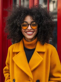 A stylish woman with curly hair and sunglasses smiles brightly in a vibrant yellow coat against a red backdrop.