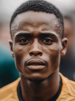 A close up of an intense athlete with a determined expression, ready for competition and challenge.