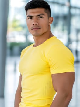 A confident man stands tall in a yellow shirt, exuding strength and determination in a modern setting.