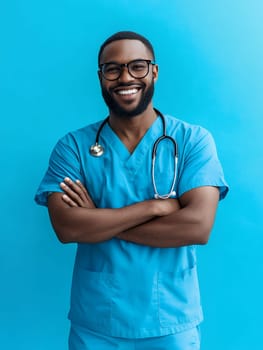 Smiling medical professional in blue scrubs with folded arms against a blue background.