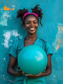 Smiling girl in vibrant outfit holding a turquoise ball, capturing youthful energy and joy.