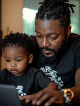 Father and son bonding over a laptop, sharing a moment of learning and connection in a warm home setting.