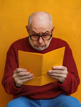 Elderly man in glasses carefully reading a yellow card against a vibrant orange background.
