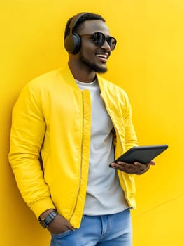 Stylish man in yellow jacket with headphones and tablet, exuding modern tech savvy vibes.