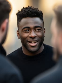 Young man with a bright smile engaged in conversation, showcasing a moment of connection and friendliness.