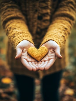 Hands presenting a knitted heart in an outdoor autumn setting, symbolizing warmth and love.