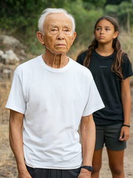 Elderly man and young girl walking outdoors, symbolizing generational connection and wisdom.