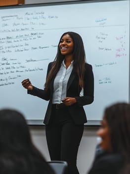 Confident businesswoman in a suit giving a presentation, embodying leadership and professionalism.