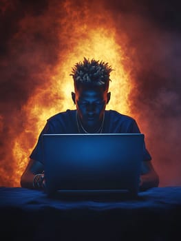 Man using a laptop with a dramatic fiery background, symbolizing intensity and passion in work or gaming.