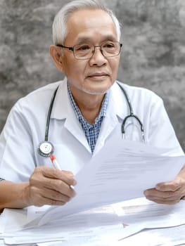 Experienced senior doctor in a white coat reviewing important medical documents, symbolizing expertise and care.