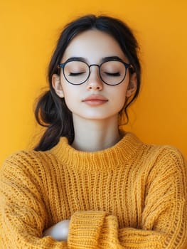 Portrait of a dreamy young woman in glasses and yellow knit sweater against yellow background, eyes closed in peaceful expression.