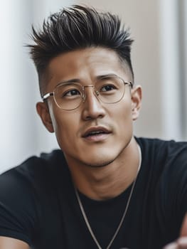 A thoughtful man in glasses with styled hair, embodying focus and contemplation.