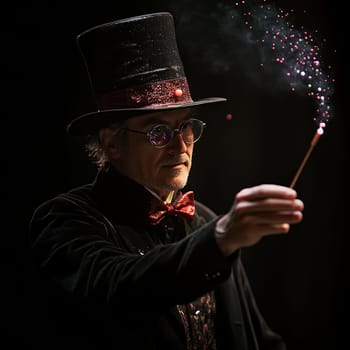 A magician in a top hat performing with a sparkler, creating a sense of wonder and magic.