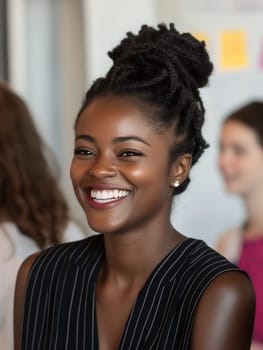 Cheerful woman with a bright smile at a social event, exuding positivity and warmth.