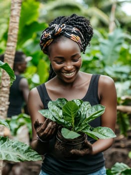 Woman joyfully holding a potted plant in a lush garden, representing a love for gardening and nature.