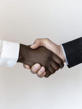 A handshake between two individuals of different backgrounds on a white background, symbolizing unity and cooperation.