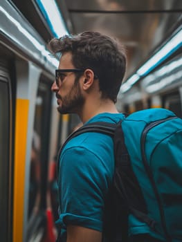Man with a backpack standing in a subway train, reflecting urban lifestyle and daily commute.