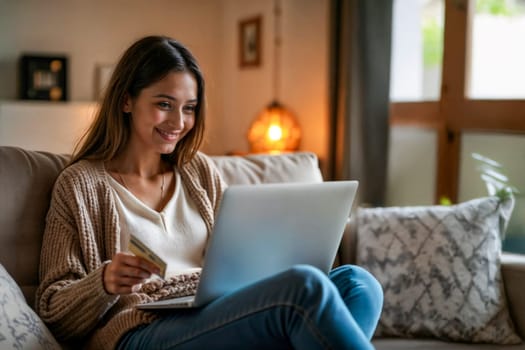 A young woman sitting comfortably on a couch, using a laptop and holding a credit card to shop online. Cozy home environment with warm lighting and relaxed atmosphere.