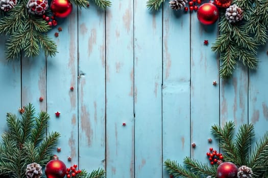 Festive Christmas composition featuring pine branches, red baubles, snowy pinecones, and berries on a rustic blue wooden background. Perfect for holiday designs and seasonal greetings.