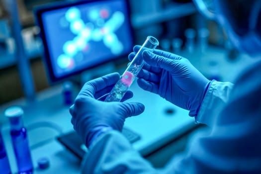 A scientist wearing gloves and a lab coat examines a test tube in a high-tech laboratory. Molecular structures displayed on a monitor in the background. Concept of scientific research and innovation.