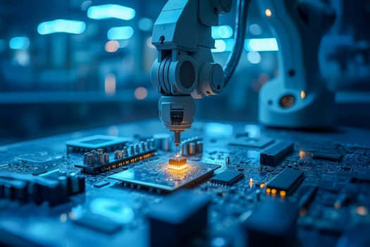 A robotic arm precisely assembling a microchip on a circuit board in a high-tech laboratory. Concept of advanced manufacturing, automation, and innovation in electronics production.