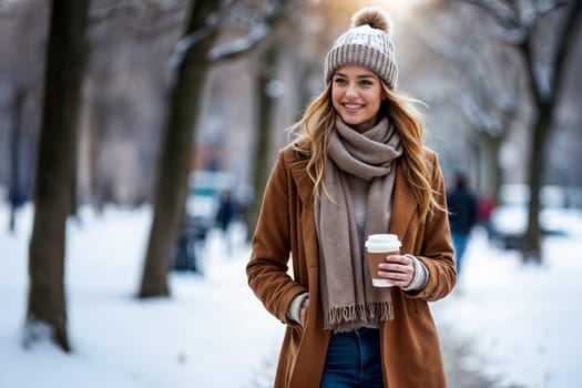 A cheerful woman walking outdoors in a snowy park, dressed in a warm coat, scarf, and hat. Holding a takeaway coffee cup on a cold winter day. Concept of winter lifestyle, warmth, and relaxation.