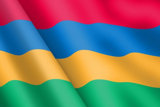 A Mauritius waving flag 3d illustration wind ripple green yellow blue red stripe