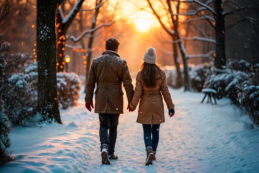 A couple holding hands while walking on a snowy path surrounded by trees at sunset. Winter scene with warm light and romantic atmosphere, representing love and tranquility in nature.