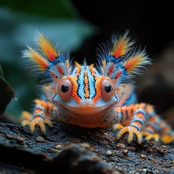 A vibrant frog with colorful patterns sits on a log in a lush tropical forest showcasing its stunning features and unique coloration.
