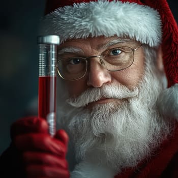 Santa Claus in his outfit shows a test tube filled with red liquid portraying a mystical moment during the holiday season.
