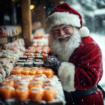 A joyful Santa stands at a winter market surrounded by colorful sushi smiling as snow gently falls around him.