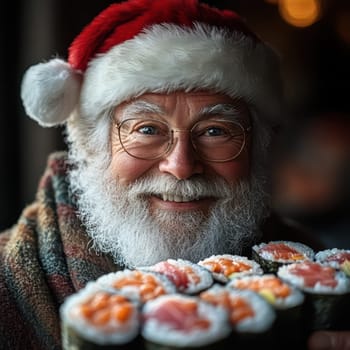 A joyful man with a white beard and Santa hat holds a platter of colorful sushi rolls celebrating the holiday spirit while smiling warmly.