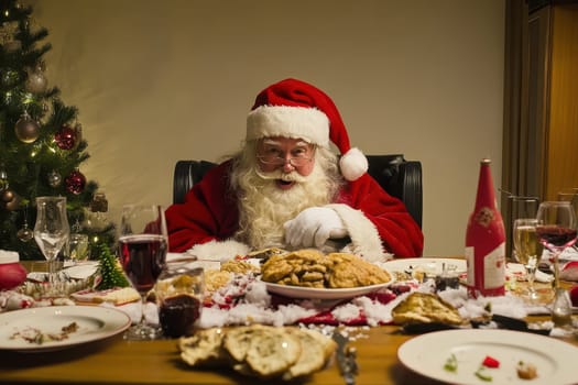 Santa is happily seated at a decorated table filled with holiday treats and drinks celebrating the festive season.