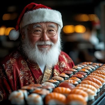 A joyful chef in a Santa hat prepares sushi with a warm smile celebrating the holiday season with delicious culinary creations.