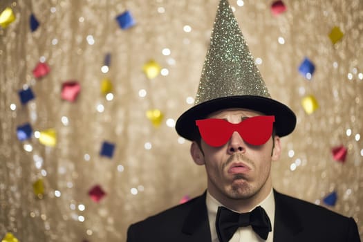 A man wears a sparkly cone hat and oversized glasses at a celebration surrounded by colorful confetti decorations.