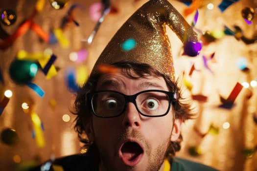 A man wearing a party hat expresses joy as colorful confetti falls around him during a celebration creating a festive atmosphere.